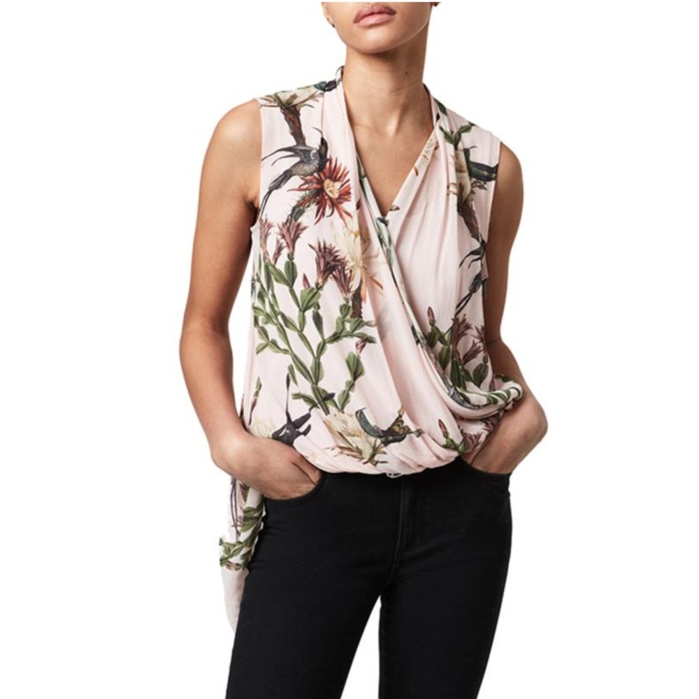 All Saints Abi Nolina V-Neck‎ Hummingbird Floral Print Draped Top Pink Women 2